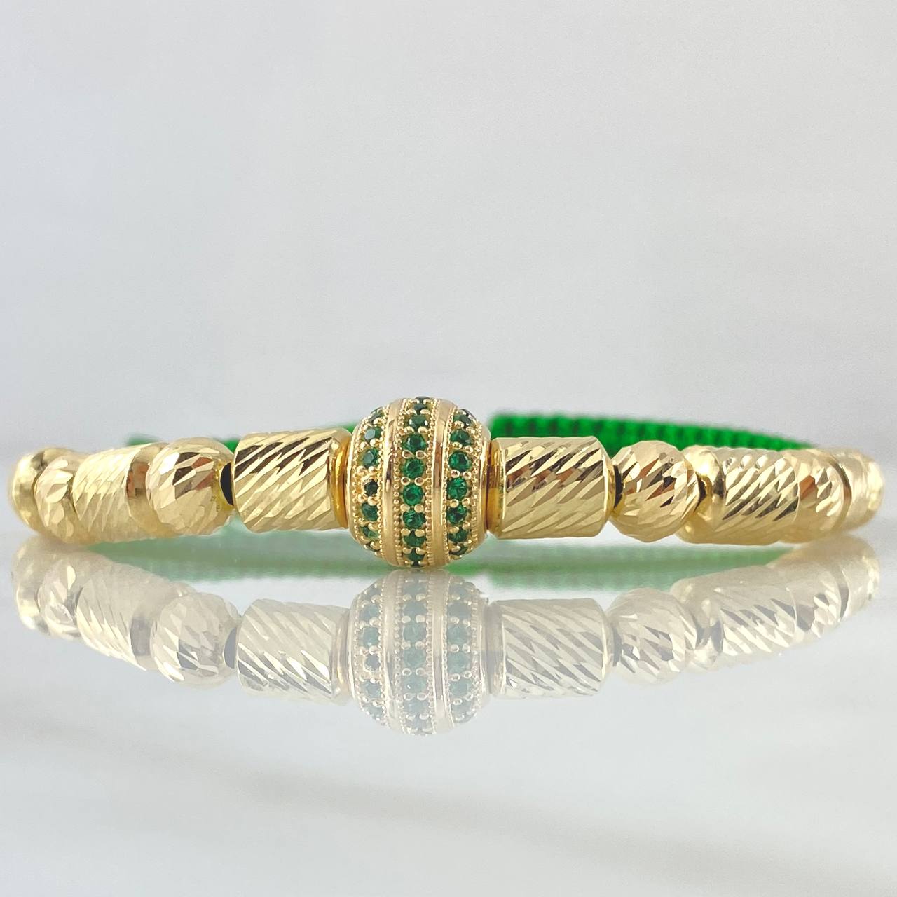 Pulsera Verde Herraje Rueda Circones Verdes 5.7gr / 6mm Bolas Diamantadas 6 und Diamantados 6 und Oro Amarillo 18K *