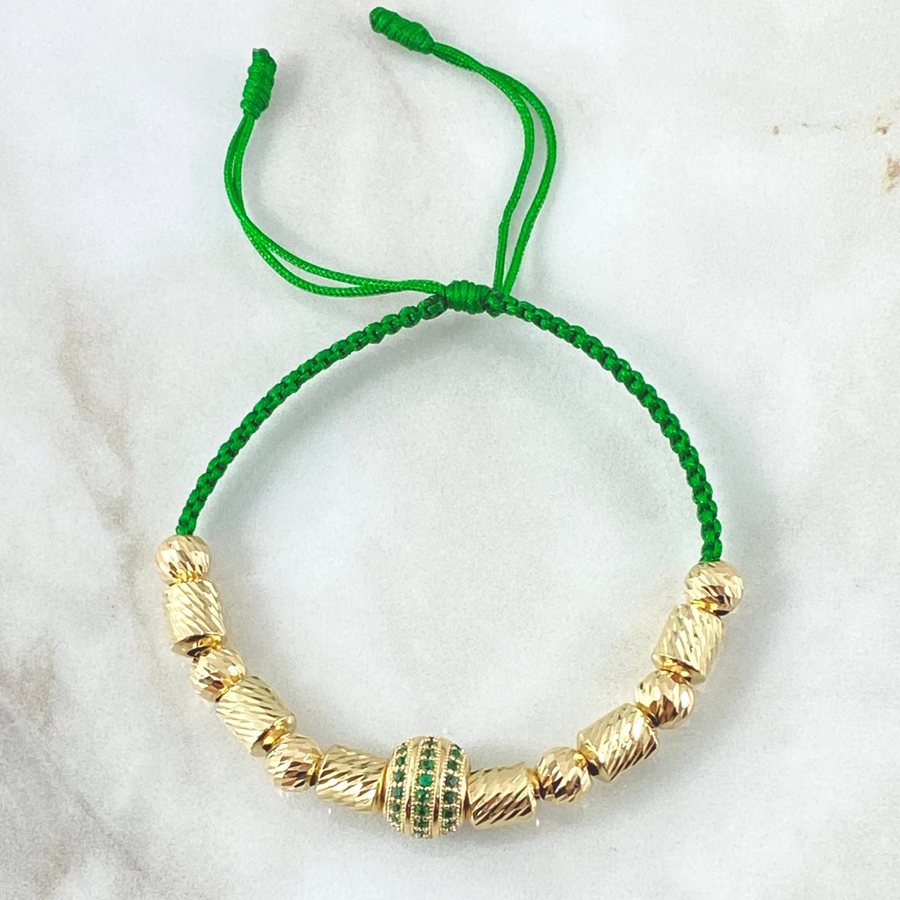 Pulsera Verde Herraje Rueda Circones Verdes 5.7gr / 6mm Bolas Diamantadas 6 und Diamantados 6 und Oro Amarillo 18K *