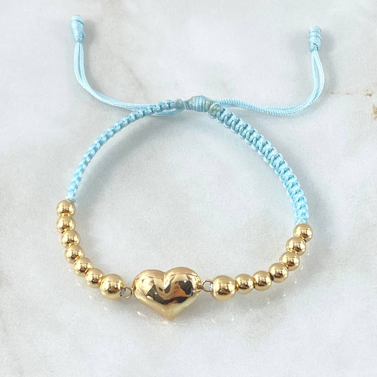Pulsera Celeste Herraje Corazón Troquelado 2.25gr / 4mm-5mm Bolas Lisas 14 und Oro Amarillo 18K