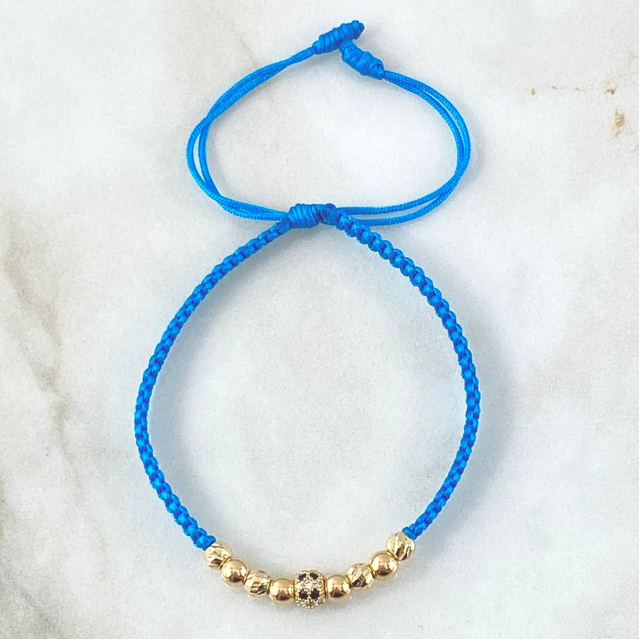 Blue Bracelet Charm Bulged Cylinder White Black Zircons 1.25gr / 4mm Beads Diamond Cut 4 pcs Polished 4 pcs 18K Yellow Gold *