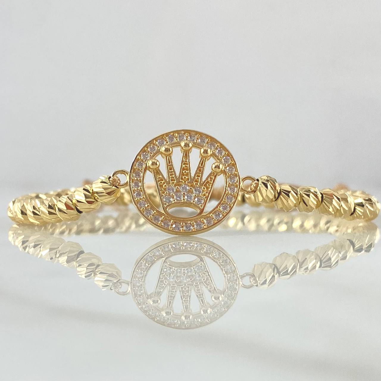 Beige Bracelet Charm Circle Crown RX 5.7gr / 4mm Beads Diamond Cut 40 pcs 18K Yellow Gold ©