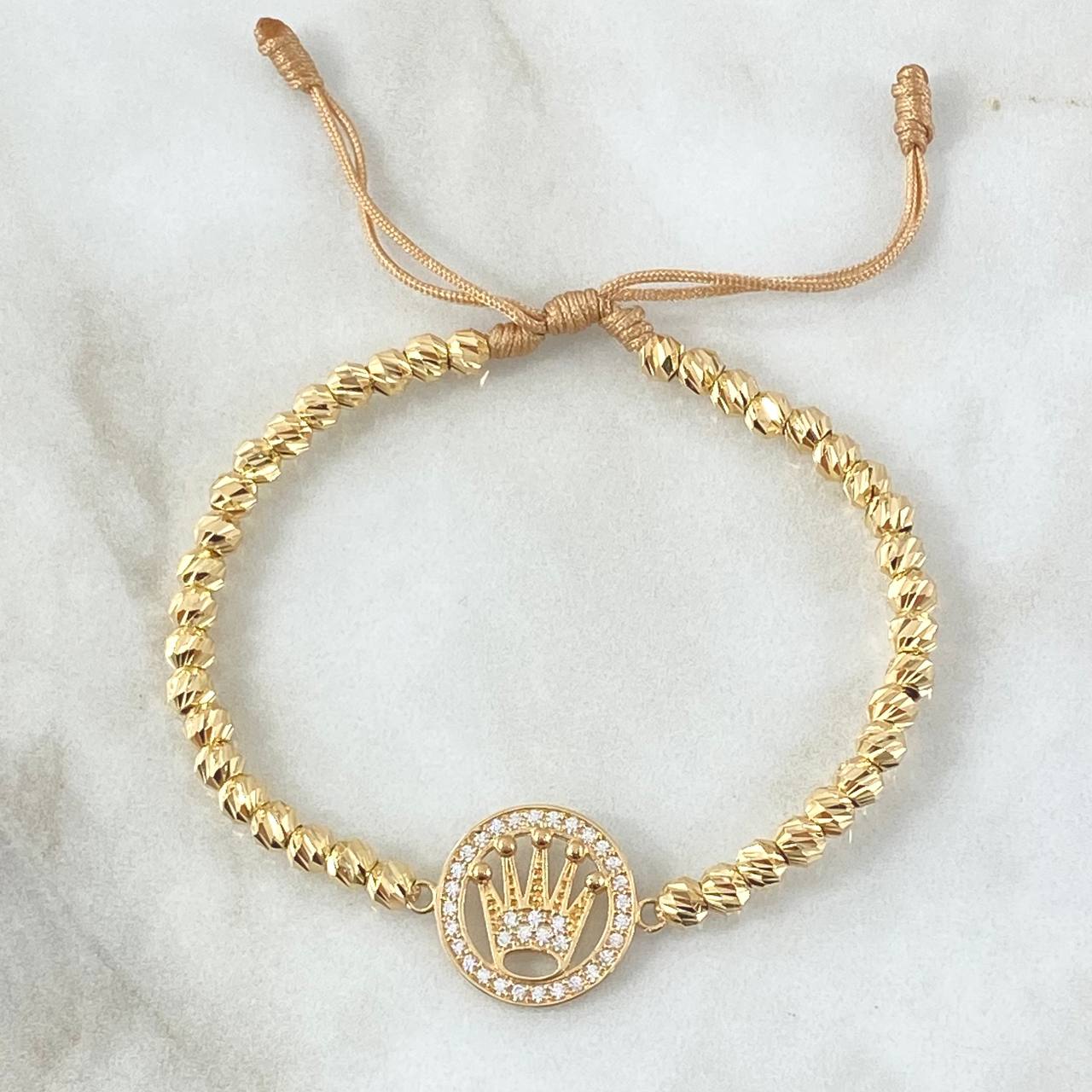 Beige Bracelet Charm Circle Crown RX 5.7gr / 4mm Beads Diamond Cut 40 pcs 18K Yellow Gold ©