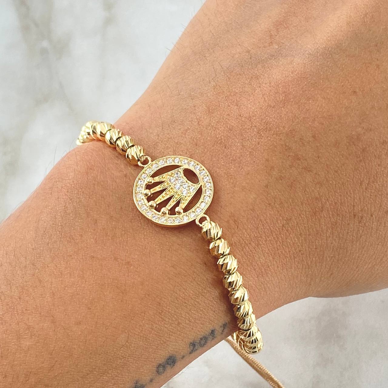 Beige Bracelet Charm Circle Crown RX 5.7gr / 4mm Beads Diamond Cut 40 pcs 18K Yellow Gold ©