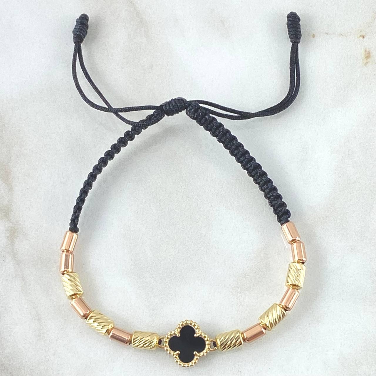 Black Bracelet Charm Clover VCyA Black Onyx 2.9gr / 3mm-4mm Cylinders Diamond Cut 6 pcs Plain 8 pcs Two Yellow and Rose Gold 18K *