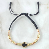 Black Bracelet Charm Clover VCyA Black Onyx 2.9gr / 3mm-4mm Cylinders Diamond Cut 6 pcs Plain 8 pcs Two Yellow and Rose Gold 18K *