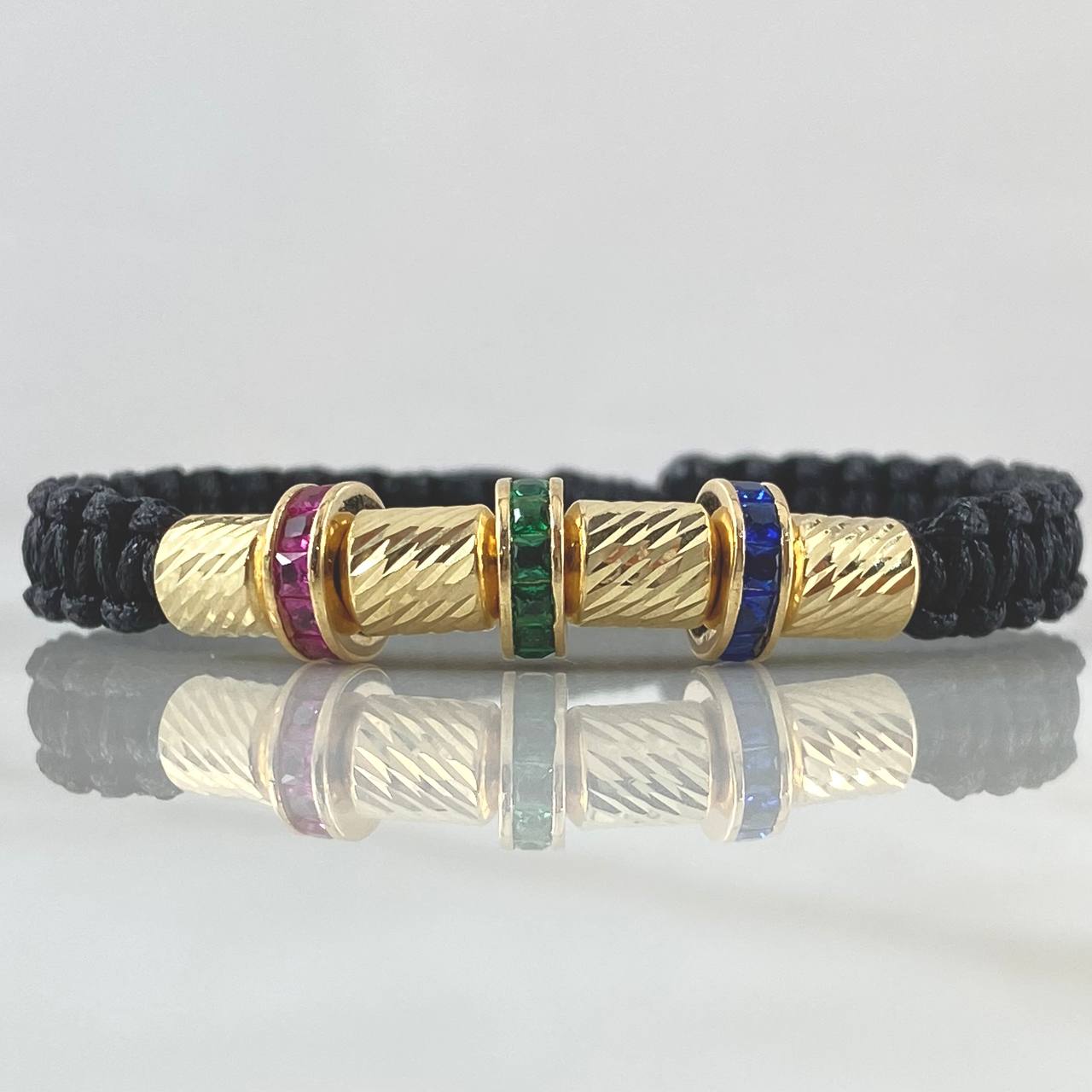 Pulsera Negra Herraje Rueda Circones Azul Verde Fucsia 4.4gr / 6mm Cilindros Diamantados 4 und Oro Amarillo 18K
