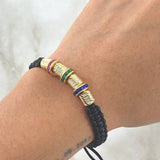 Pulsera Negra Herraje Rueda Circones Azul Verde Fucsia 4.4gr / 6mm Cilindros Diamantados 4 und Oro Amarillo 18K