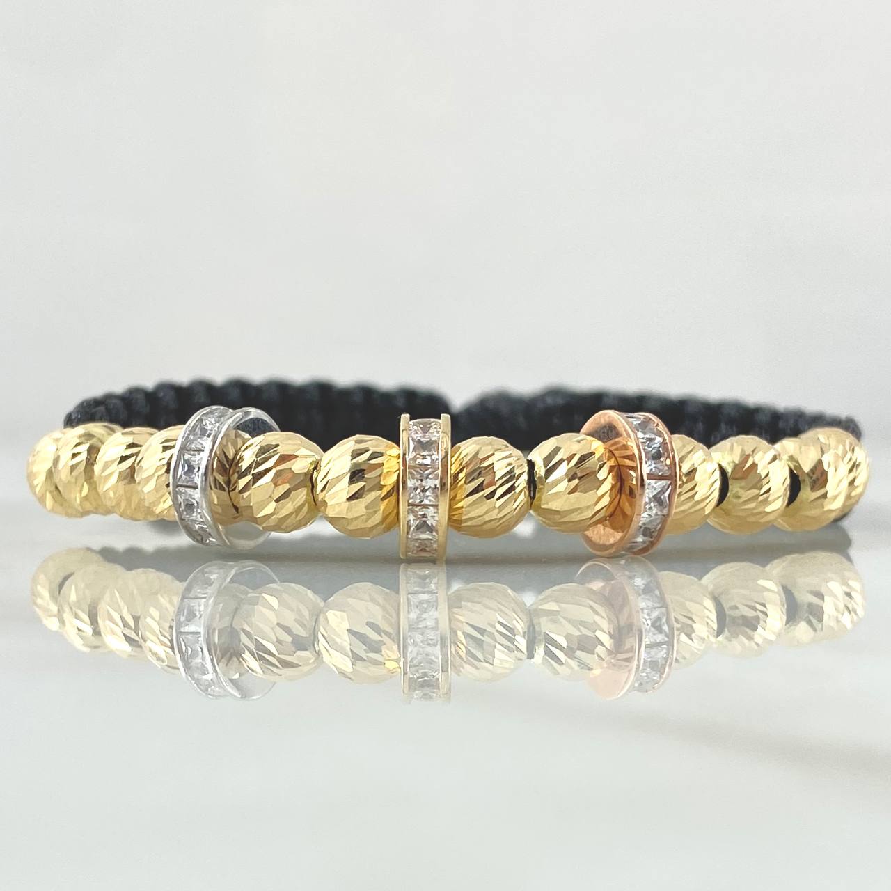 Black Bracelet Charm Wheel 6gr / 6mm Beads Diamond Cut 12 pcs White Zircons Three 18K Golds ©