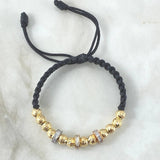 Black Bracelet Charm Wheel 6gr / 6mm Beads Diamond Cut 12 pcs White Zircons Three 18K Golds ©