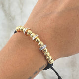 Black Bracelet Charm Wheel 6gr / 6mm Beads Diamond Cut 12 pcs White Zircons Three 18K Golds ©