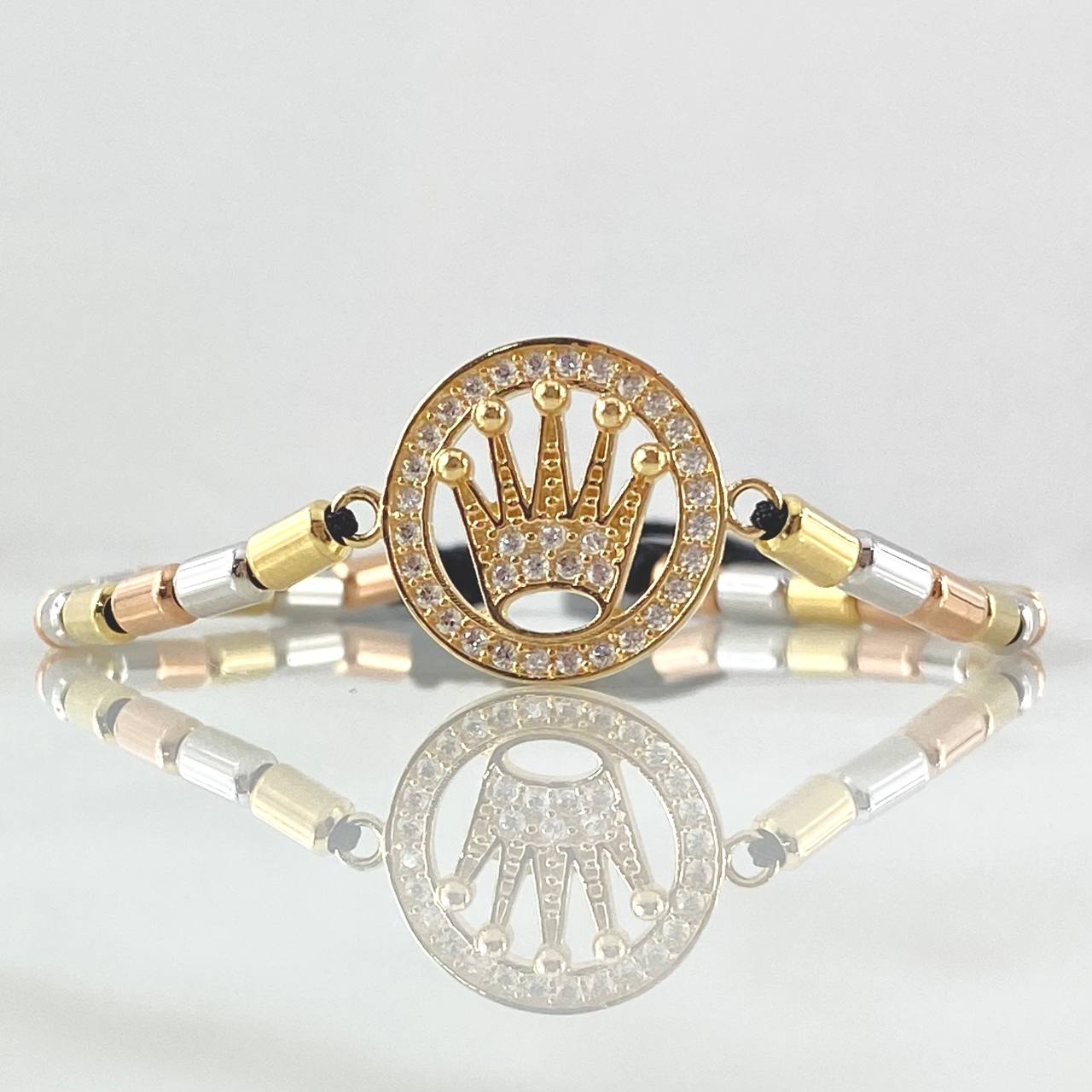 Pulsera Negra Herraje Circulo Corona RX 4gr / 3mm Cilindros Lisos 14 und Circones Blancos Tres Oros 18K ©