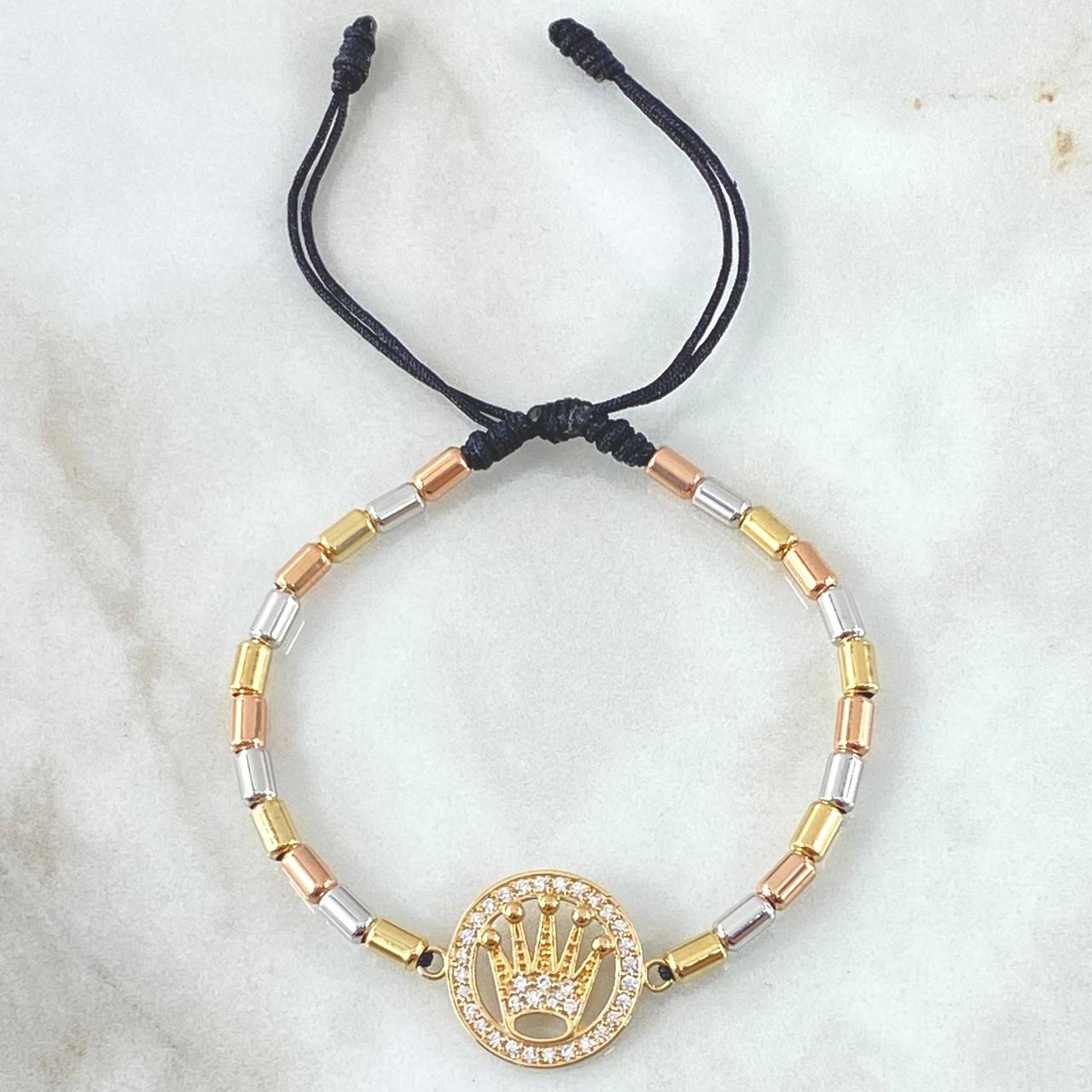 Pulsera Negra Herraje Circulo Corona RX 4gr / 3mm Cilindros Lisos 14 und Circones Blancos Tres Oros 18K ©