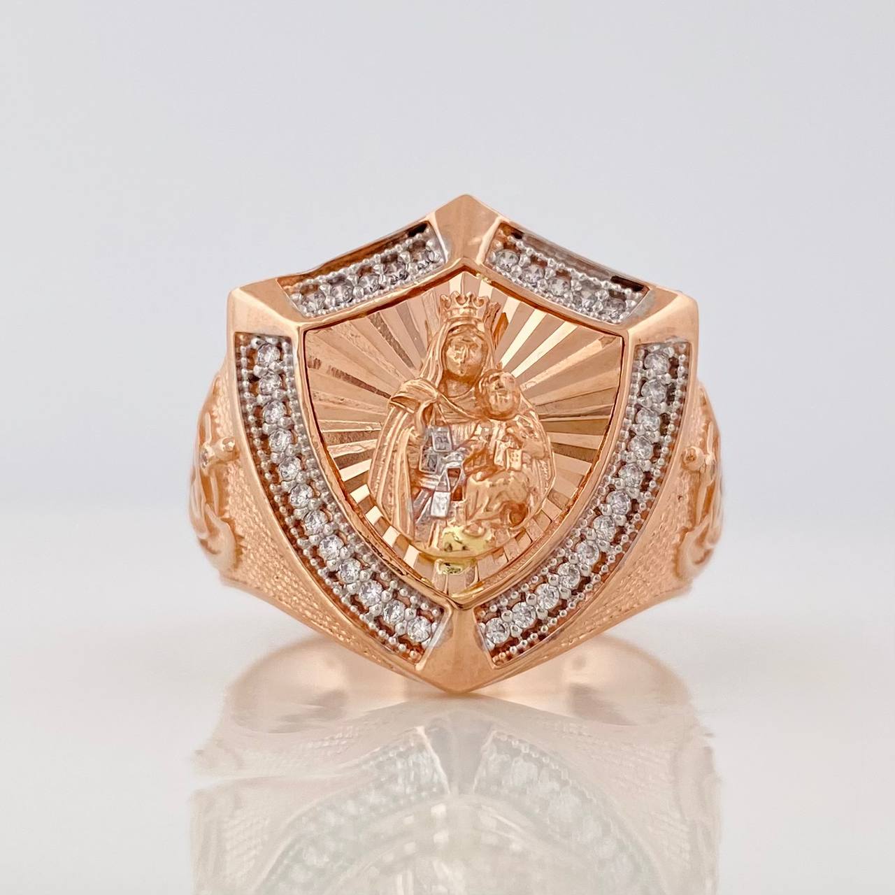 Anillo Escudo Virgen del Carmen 9.95g / T10 Dos Oros Blanco Rosa 18K