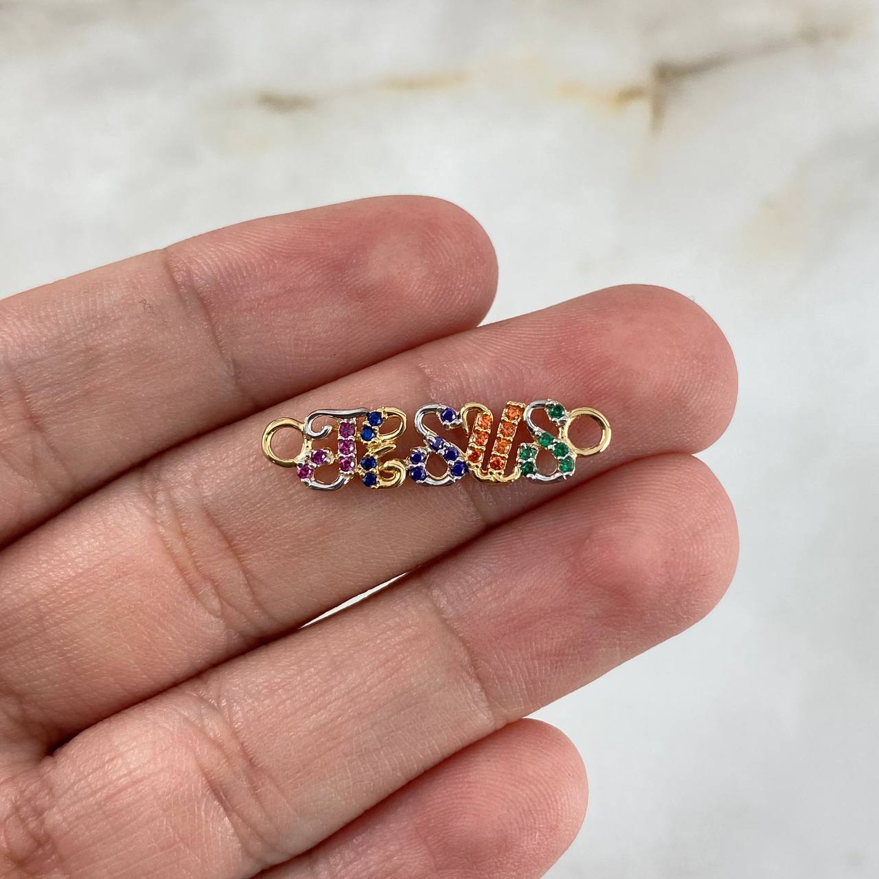 Charm Jesus 1gr / 2.5cm / Pink-Blue-Purple-Orange-Green Zircons Two Yellow White Golds ©