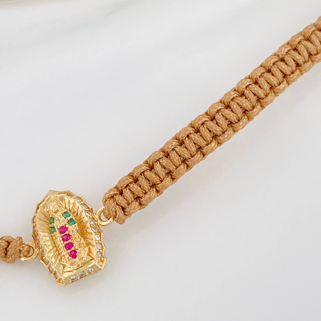 Pulsera Tejida Caqui Virgen de Guadalupe 1.25gr / Oro Amarillo 18K &