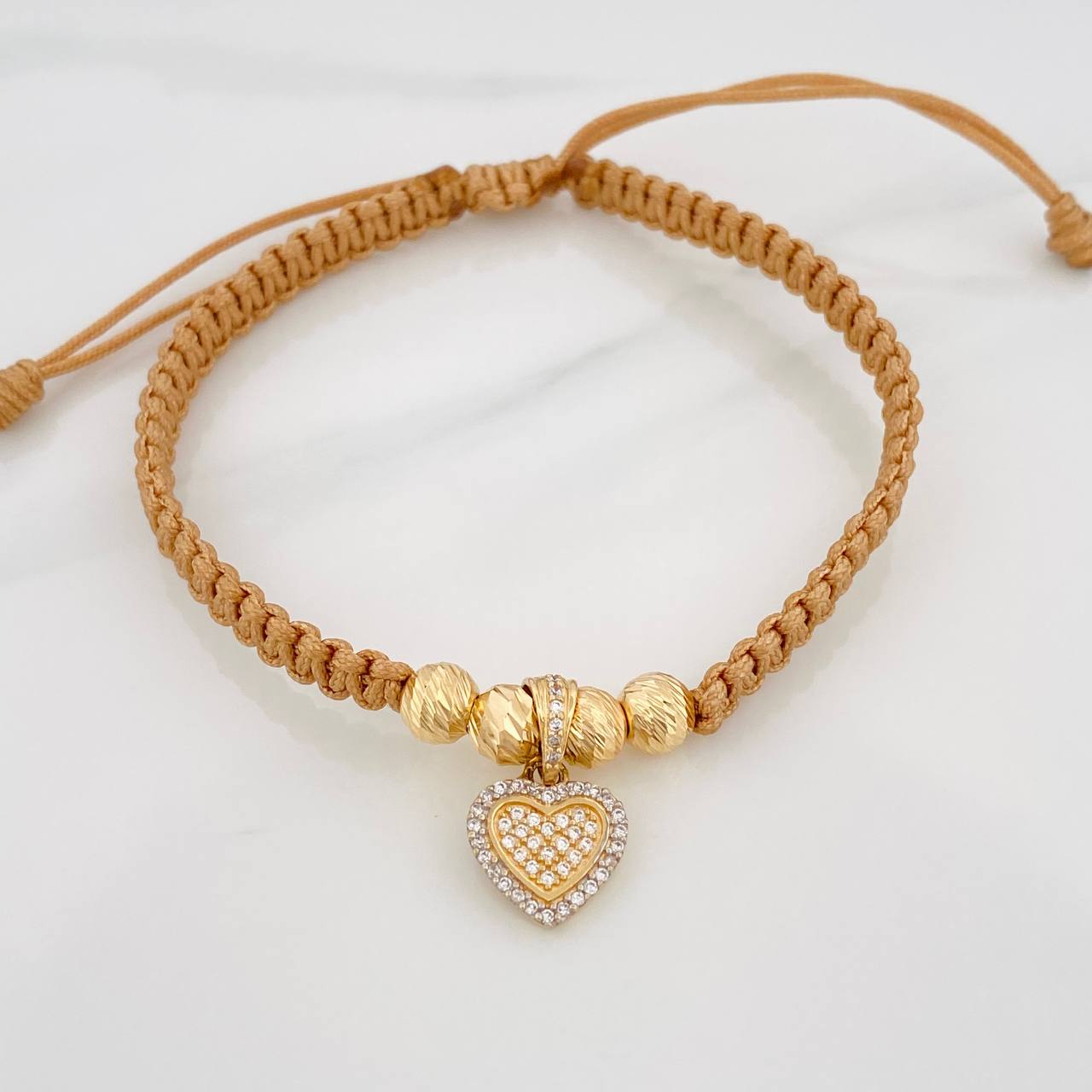Pulsera Tejida Caqui Corazon 2.1gr / 6mm Dos Oros Amarillo Blanco 18K &