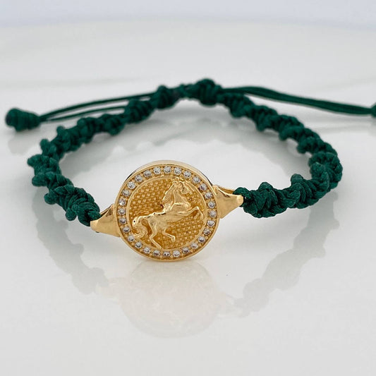Pulsera Tejida Verde Sello Caballo 3.5gr / Oro Amarillo 18K &