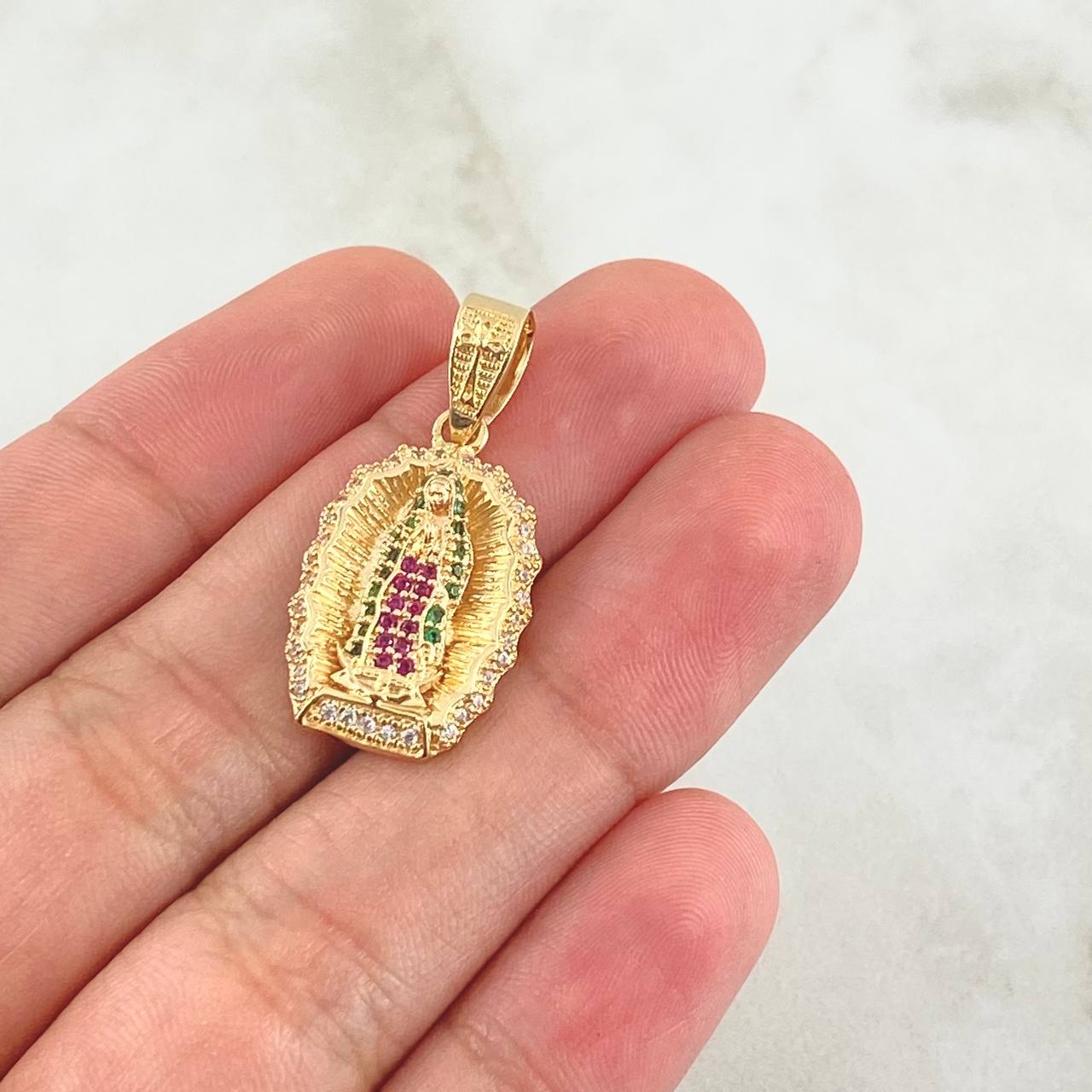 Dije Dije Virgen Guadalupe Silueta 3.75gr / 3.5cm / Circones Blancos Verdes Fucsia  Oro Amarillo 18K