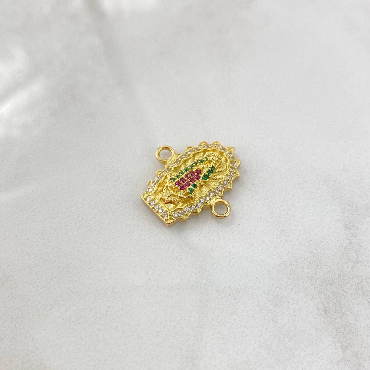 Charm Virgin Guadalupe Double Silhouette 3.3gr / 2cm / White Green Fuchsia Zircons 18K Yellow Gold