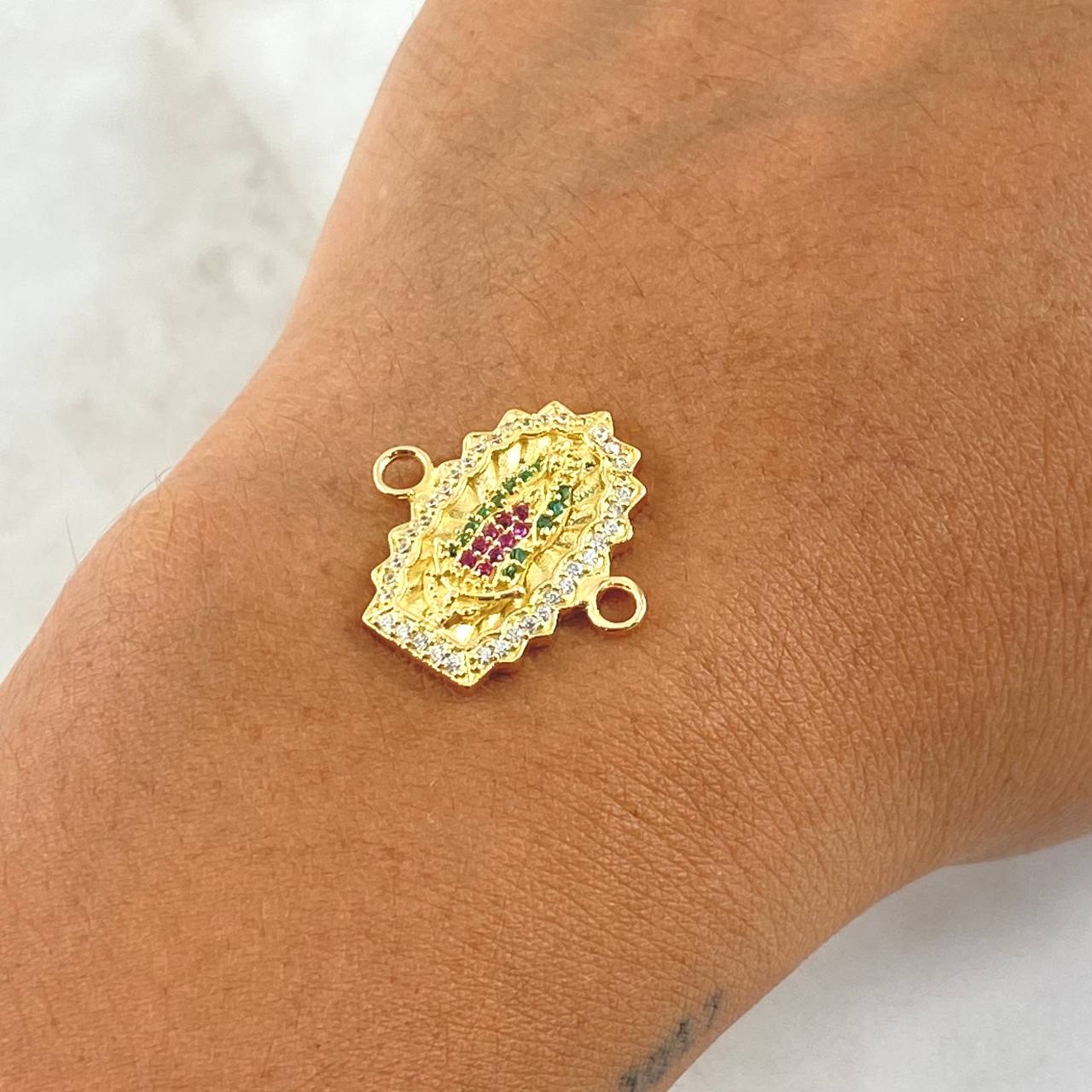 Charm Virgin Guadalupe Double Silhouette 3.45gr / 2cm / White Green Fuchsia Zircons 18K Yellow Gold