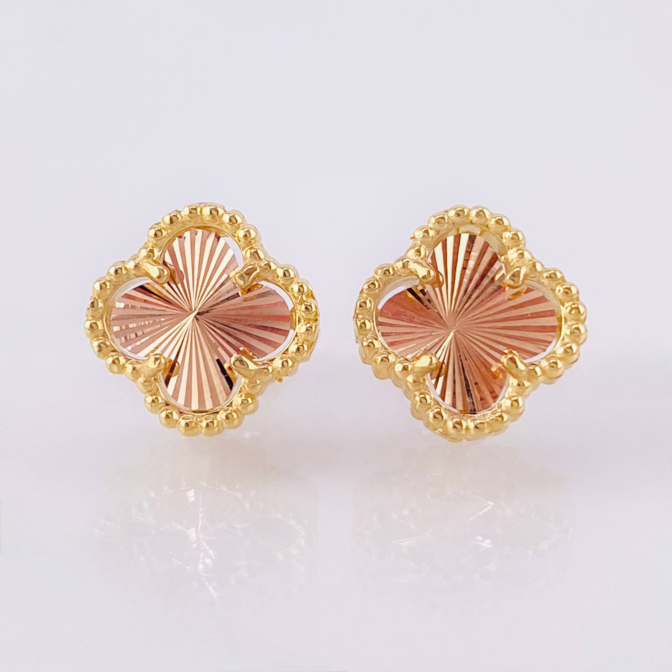 Clover Diamond Cut Stud Earrings 2.65gr / 9mm Two-Tone Yellow Rose Nac.Esp. 18K Gold ©