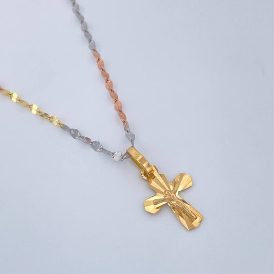 Set Cadena y Dije Flor Espejo + Cruz Cristo 1.45gr / 19 3/4 in / Tres Oros 18K &