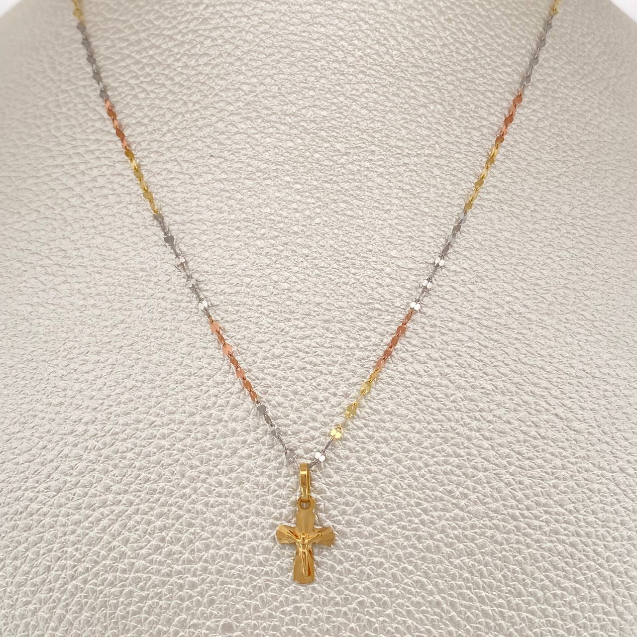 Set Cadena y Dije Flor Espejo + Cruz Cristo 1.45gr / 19 3/4 in / Tres Oros 18K &