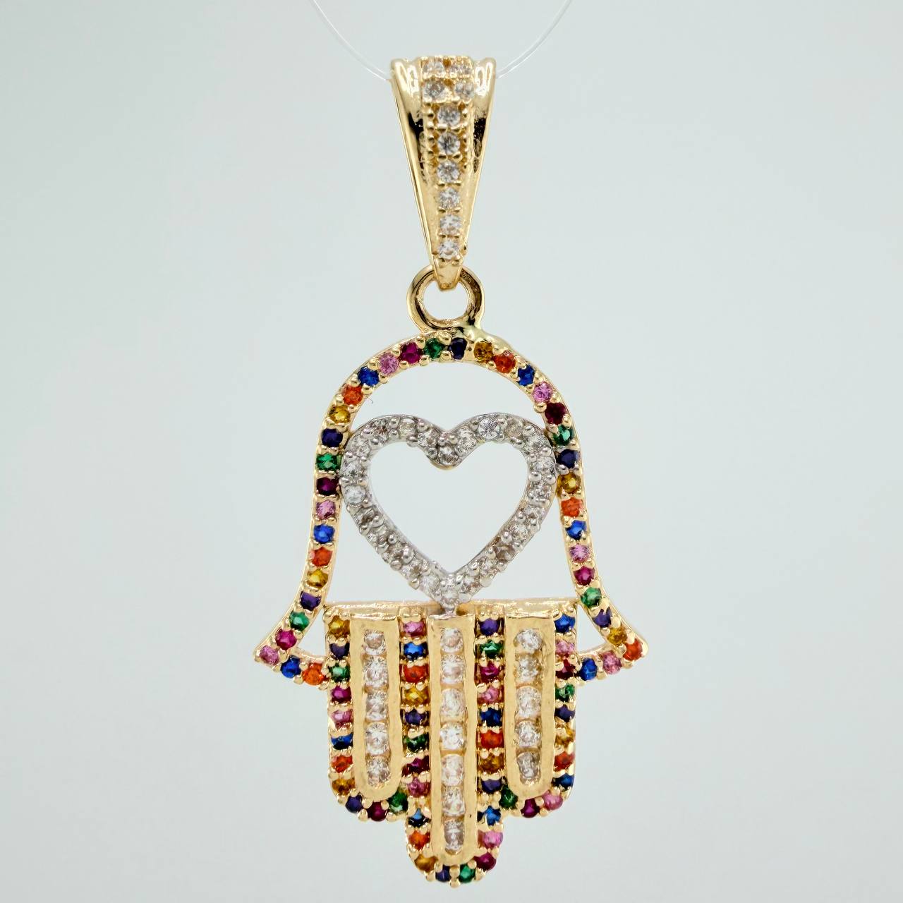 Dije Mano Hamsa Corazon 4.45gr / 1 1/2 in / Dos Oros Amarillo Blanco 18K $