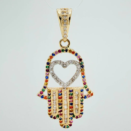 Dije Mano Hamsa Corazon 4.45gr / 1 1/2 in / Dos Oros Amarillo Blanco 18K $