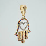 Dije Mano Hamsa Corazon 4.45gr / 1 1/2 in / Dos Oros Amarillo Blanco 18K $