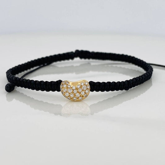 Pulsera Tejida Negra Corazon Tupido 1.75gr / Oro Amarillo 18K &