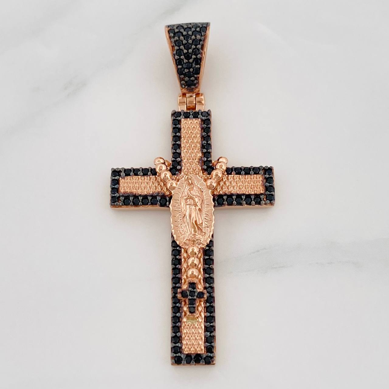 Pendant Cross Virgin of Guadalupe 6g / 1 3/4 in Two Golds Black Rose 18K