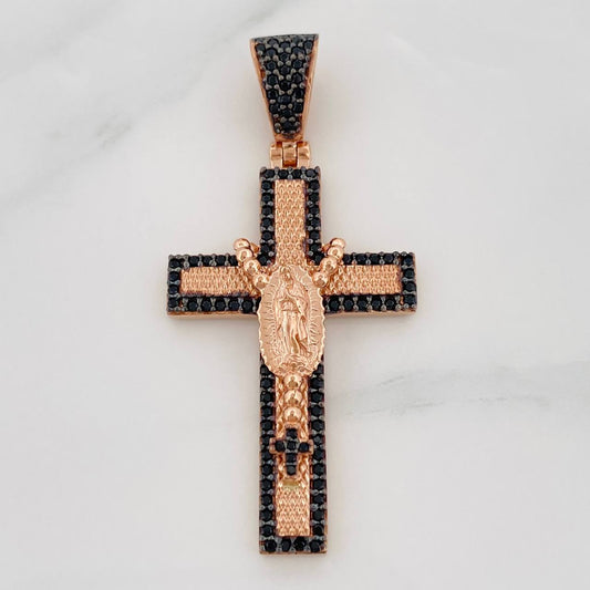 Dije Cruz Virgen de Guadalupe 6g / 1 3/4 in Dos Oros Negro Rosa 18K