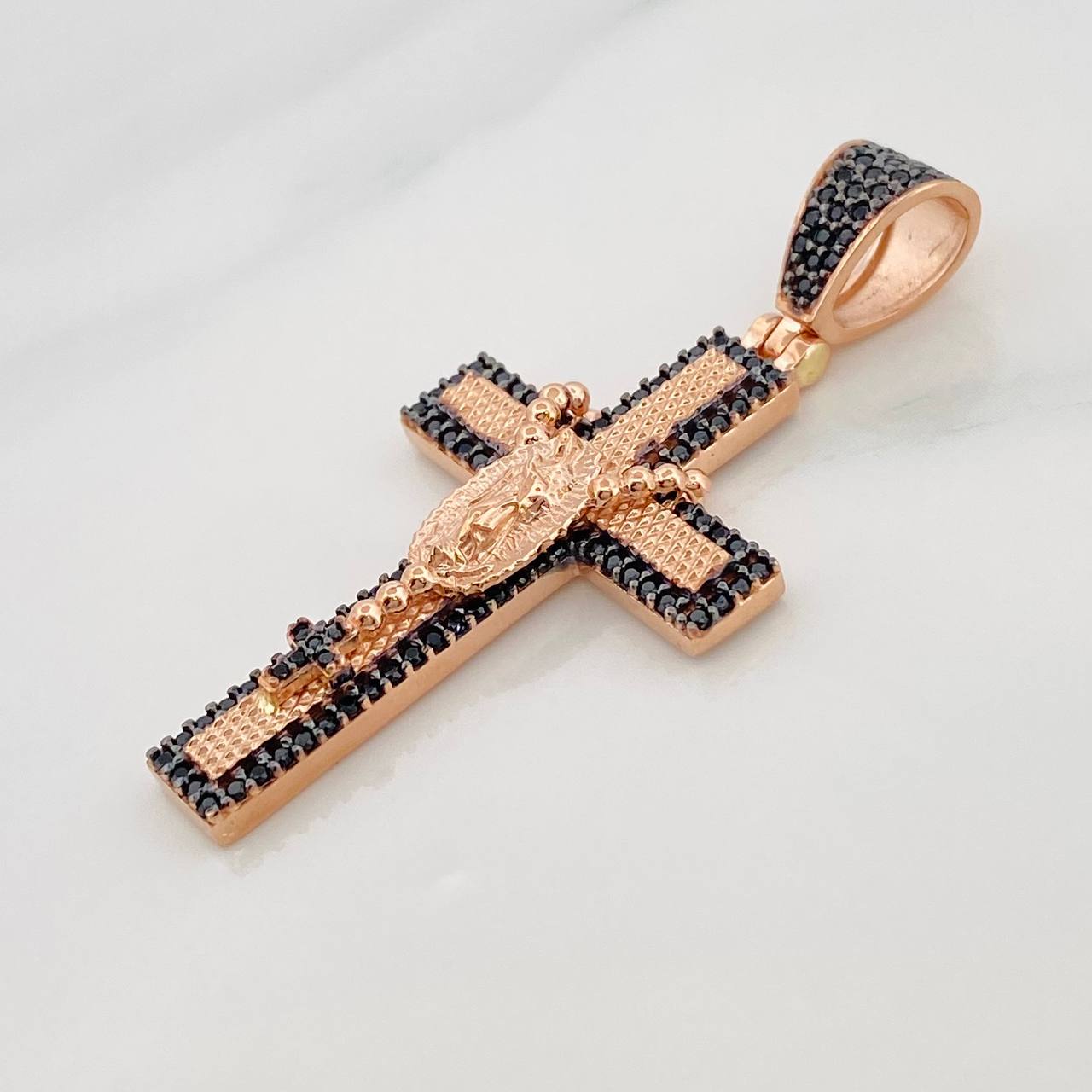 Pendant Cross Virgin of Guadalupe 6g / 1 3/4 in Two Golds Black Rose 18K