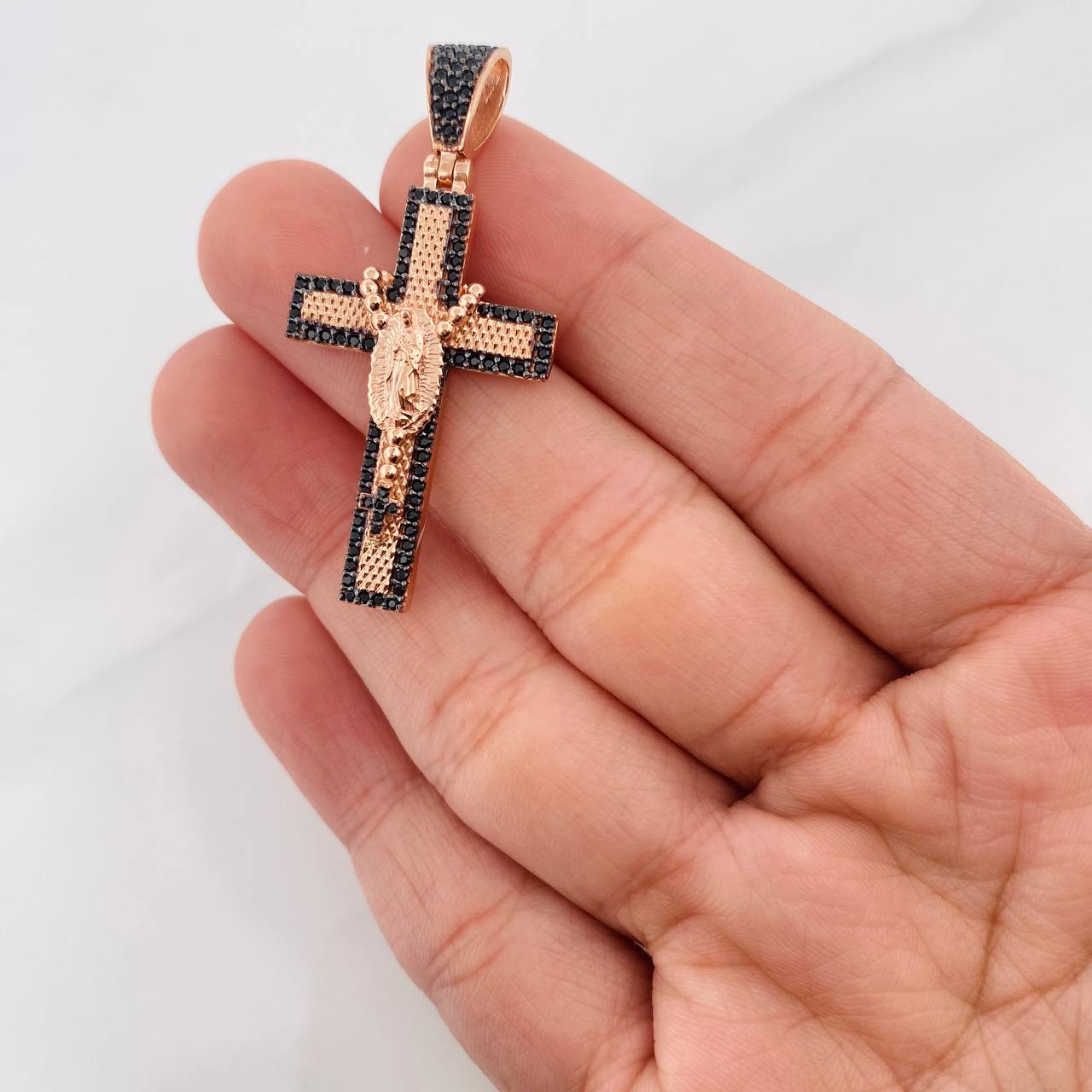 Pendant Cross Virgin of Guadalupe 6g / 1 3/4 in Two Golds Black Rose 18K