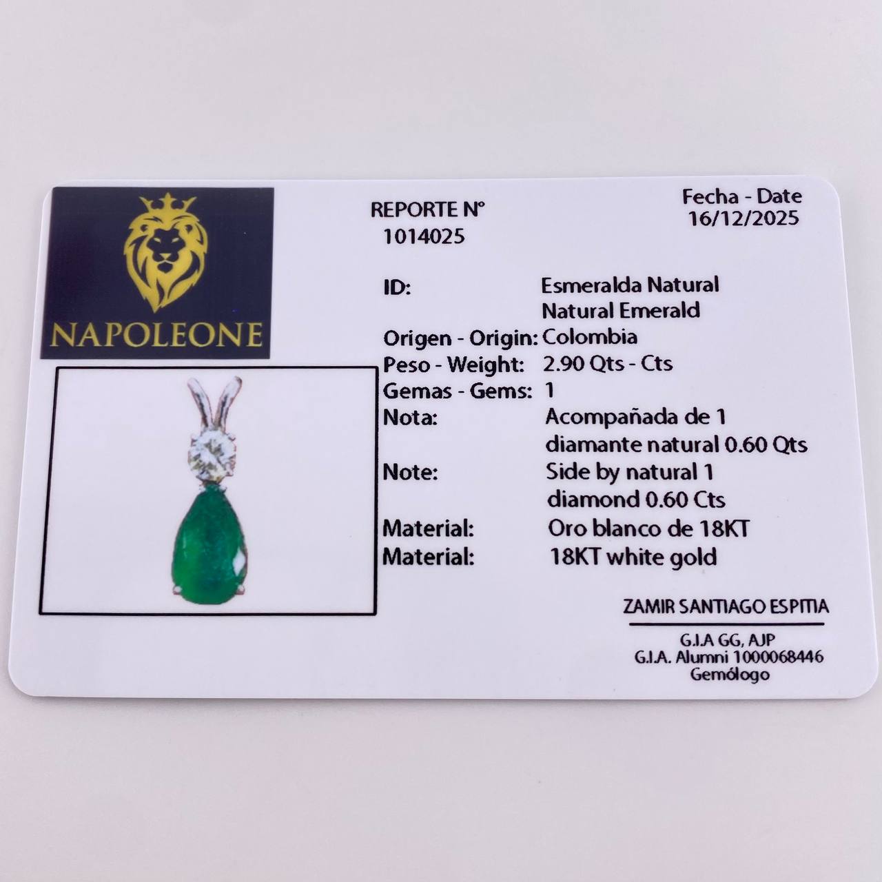 Pendant Olive Drop 2.9 Qts Emerald 60pts Diamonds 3.1gr / 1 in / 18K White Gold ©