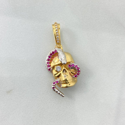 Pendant Skull Snake 7.15gr / 3cm / White Fuchsia Zircons Two Yellow White Golds *