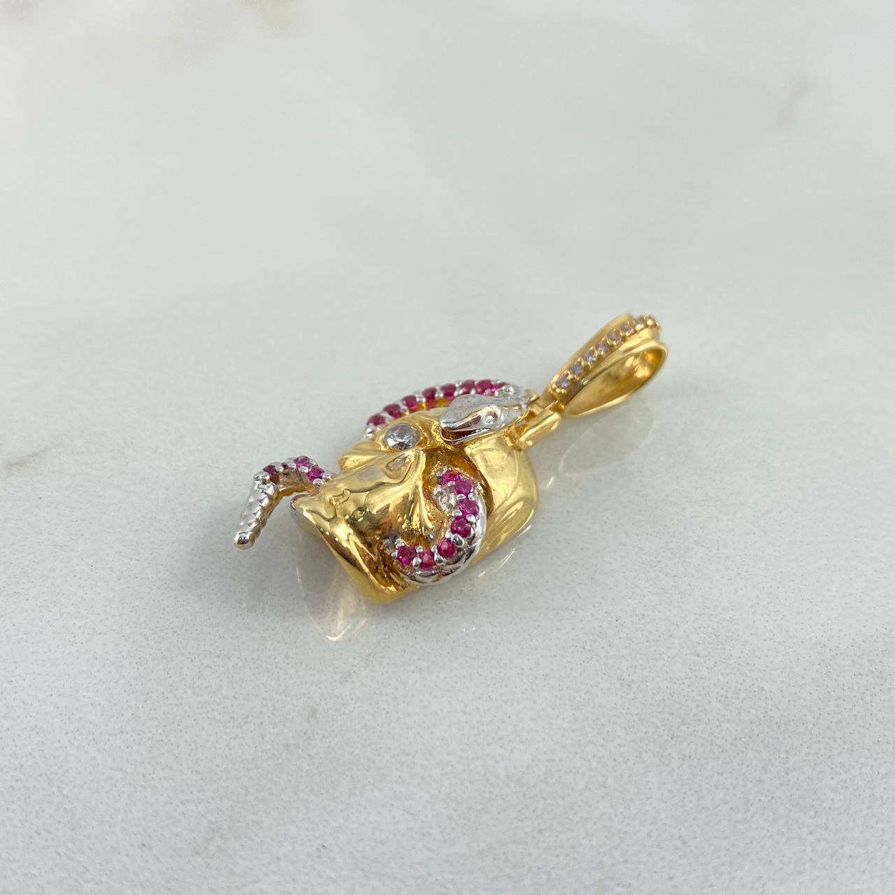 Pendant Skull Snake 7.15gr / 3cm / White Fuchsia Zircons Two Yellow White Golds *