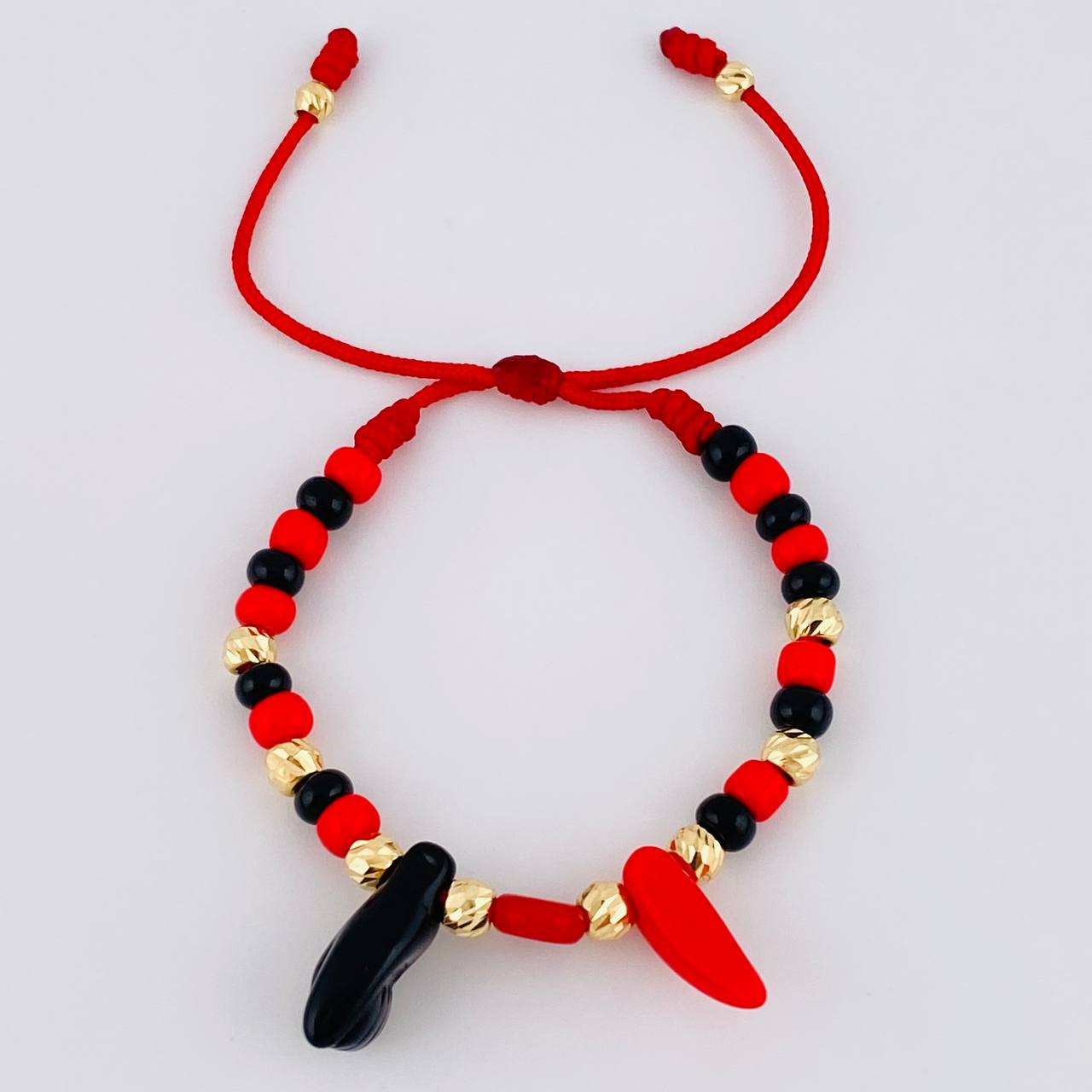 Pulsera Tejida Roja Mano Proteccion / Bolas Diamantadas 10Und 3Mm-4Mm Oro Amarillo 18K