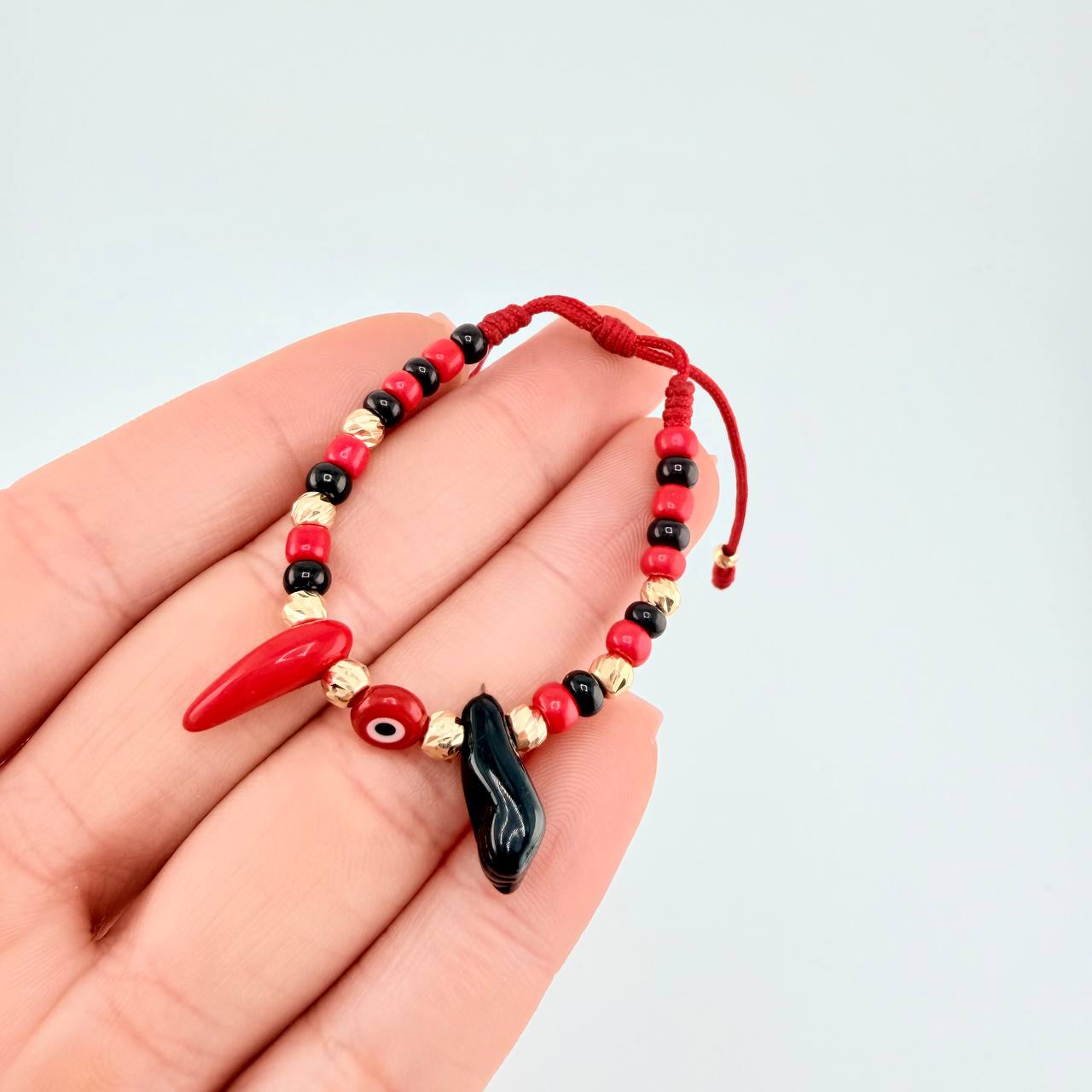 Pulsera Tejida Roja Mano Proteccion / Bolas Diamantadas 10Und 3Mm-4Mm Oro Amarillo 18K
