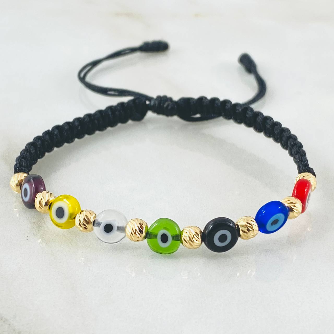 Pulsera Negra Ojos Turcos Colores 0.85gr / Oro Amarillo 18K *