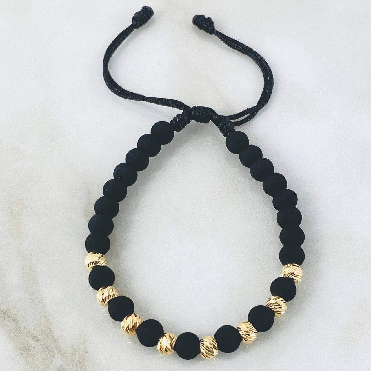 Pulsera Negra Bolas 5mm Diamantadas 8 und Oro Amarillo 18K (A.C)