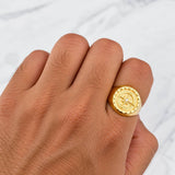 Compass Bordered Signet Ring 3.55g / T8 3/4 Yellow Gold 18K