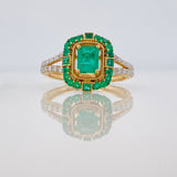 Dense Rectangle Emerald Ring 0.80 pts Diamonds 14 pts 3.65gr / T6 3/4 / Two-tone Yellow White Gold 18K &