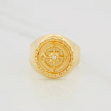 Compass Bordered Signet Ring 3.55g / T8 3/4 Yellow Gold 18K