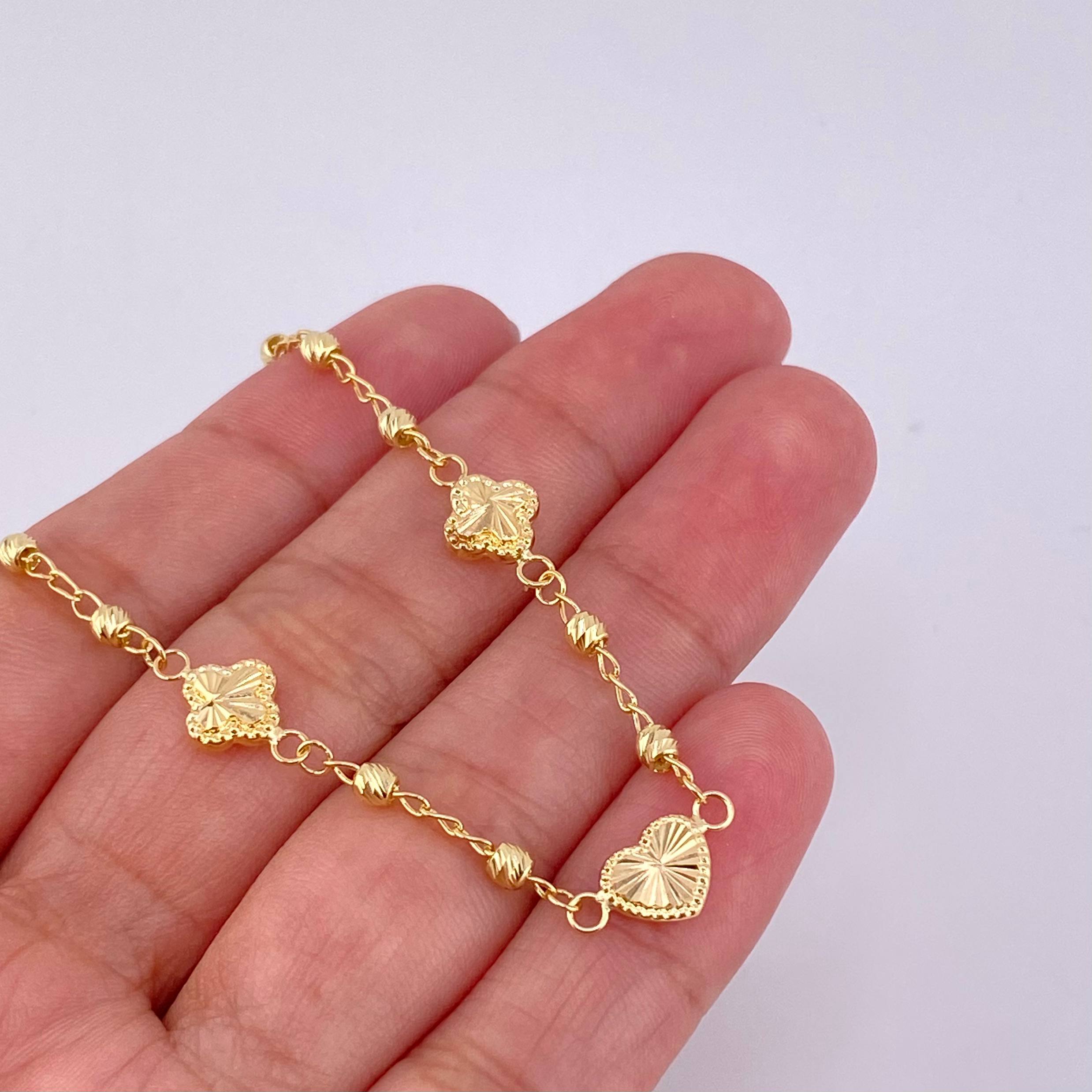 Pulso Militar Trébol Corazón Diamantado 2.6g / 7 1/2 in / 2.7mm Oro Amarillo 18K