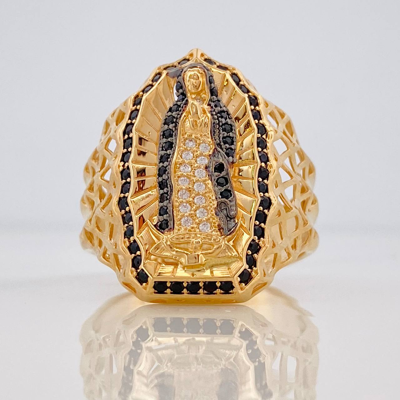 Anillo Virgen Guadalupe 8.4g / T11 1/4 Dos Oros Negro Amarillo 18K