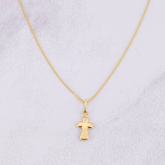 Set Cadena Veneciana + Dije Cruz Puntas Curvas / 1.35g / 18 in Oro Amarillo 18K