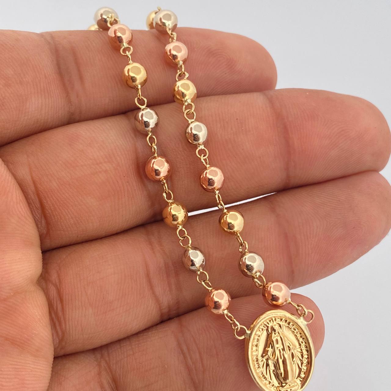 Rosario Virgen Milagrosa Cruz Cristo 12.25gr / 21 1/4 in / 6mm-5mm Tres Oros 18K $