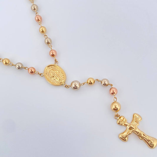 Rosario Virgen Milagrosa Cruz Cristo 12.25gr / 21 1/4 in / 6mm-5mm Tres Oros 18K $